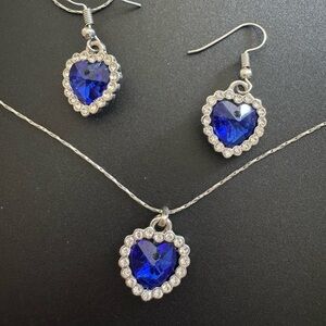 necklace and earring matching set: blue hearts with silver rhinestones
